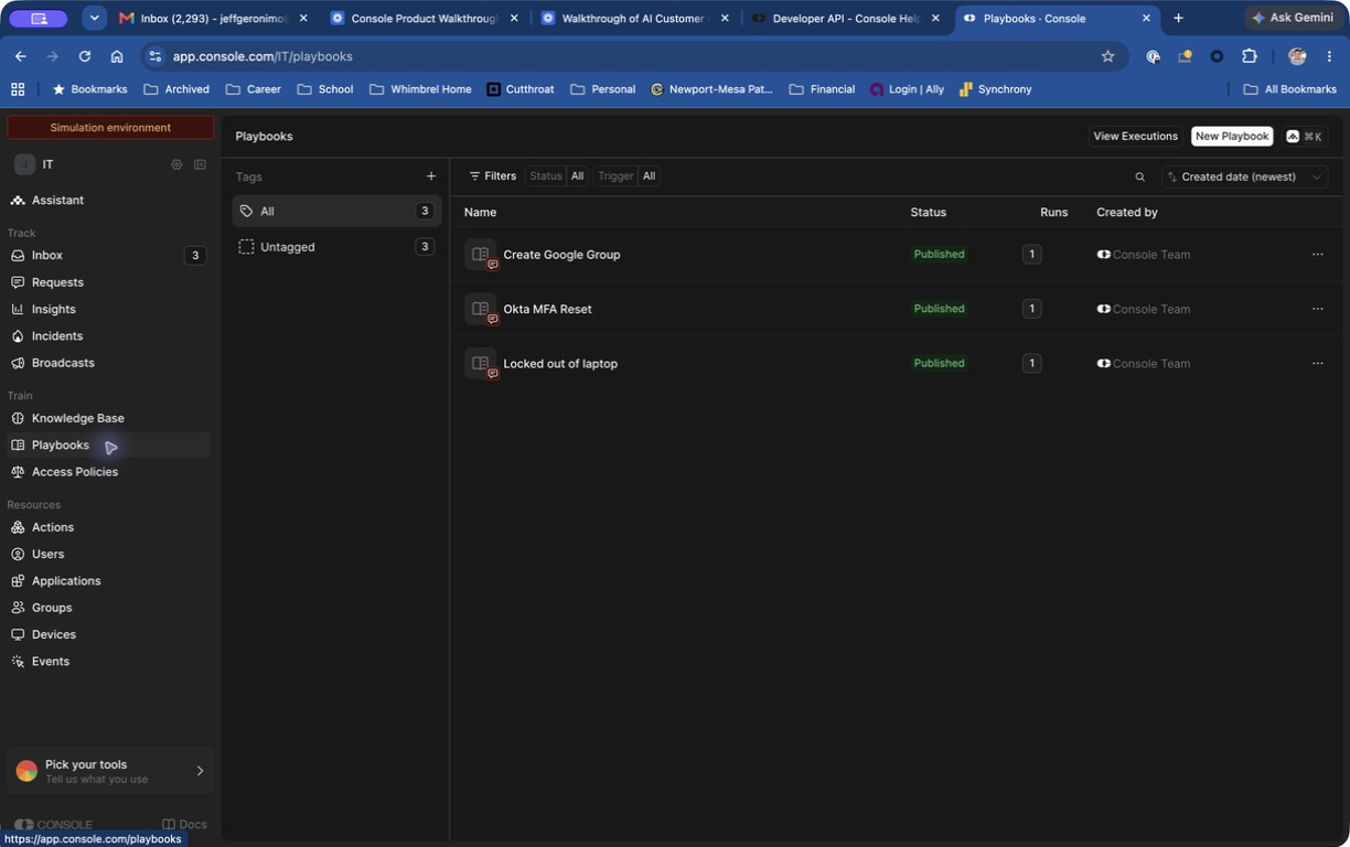 Playbooks list view with New Playbook button