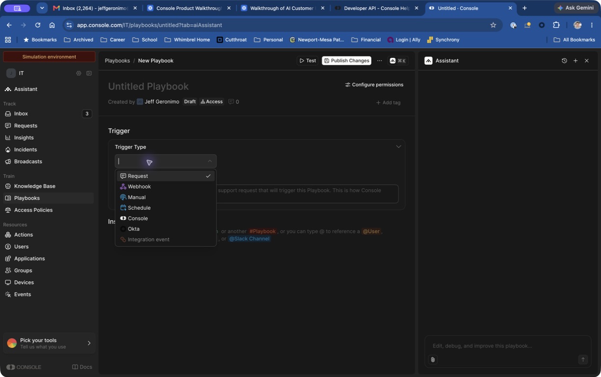 Trigger Type dropdown showing Request selected