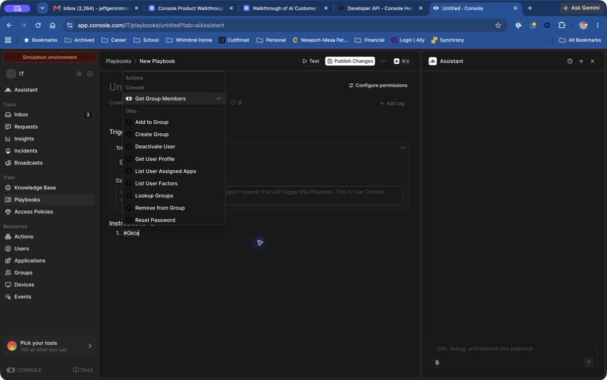 Action menu filtered to Okta actions
