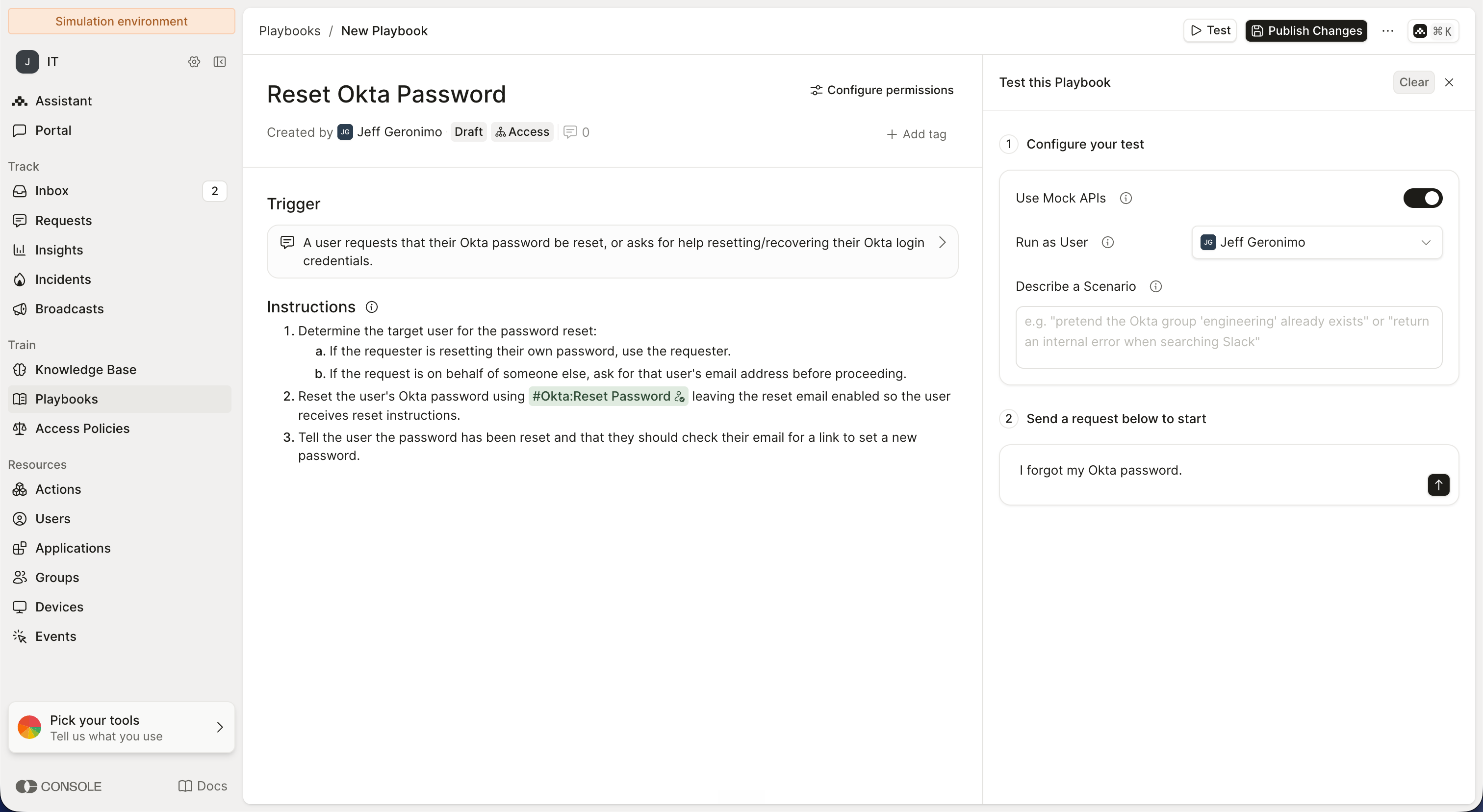 Test panel configured with Mock APIs on, Run as User set, and a test message typed in
