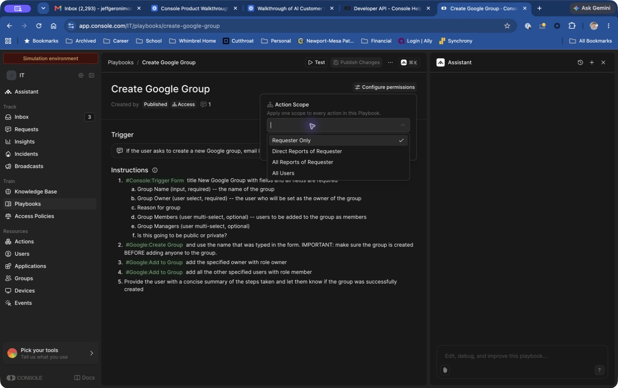 Action Scope dropdown expanded showing all options